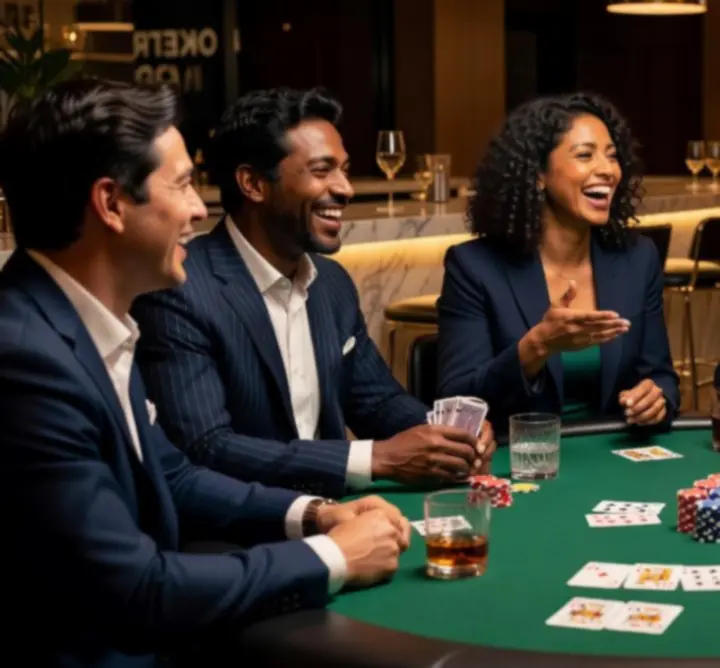 Uśmiechnięci goście podczas wieczoru pokerowego