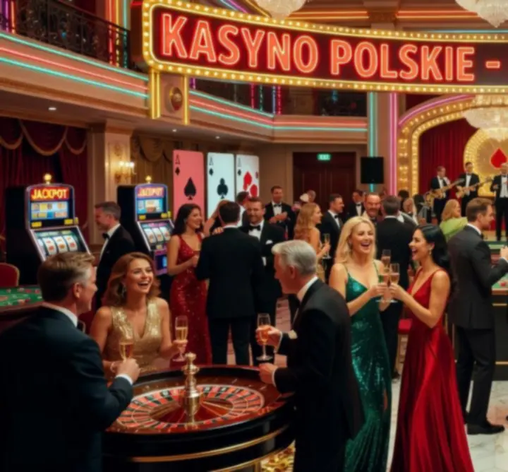 Tematyczna impreza kasynowa w Polsce z uczestnikami przy stołach do gier